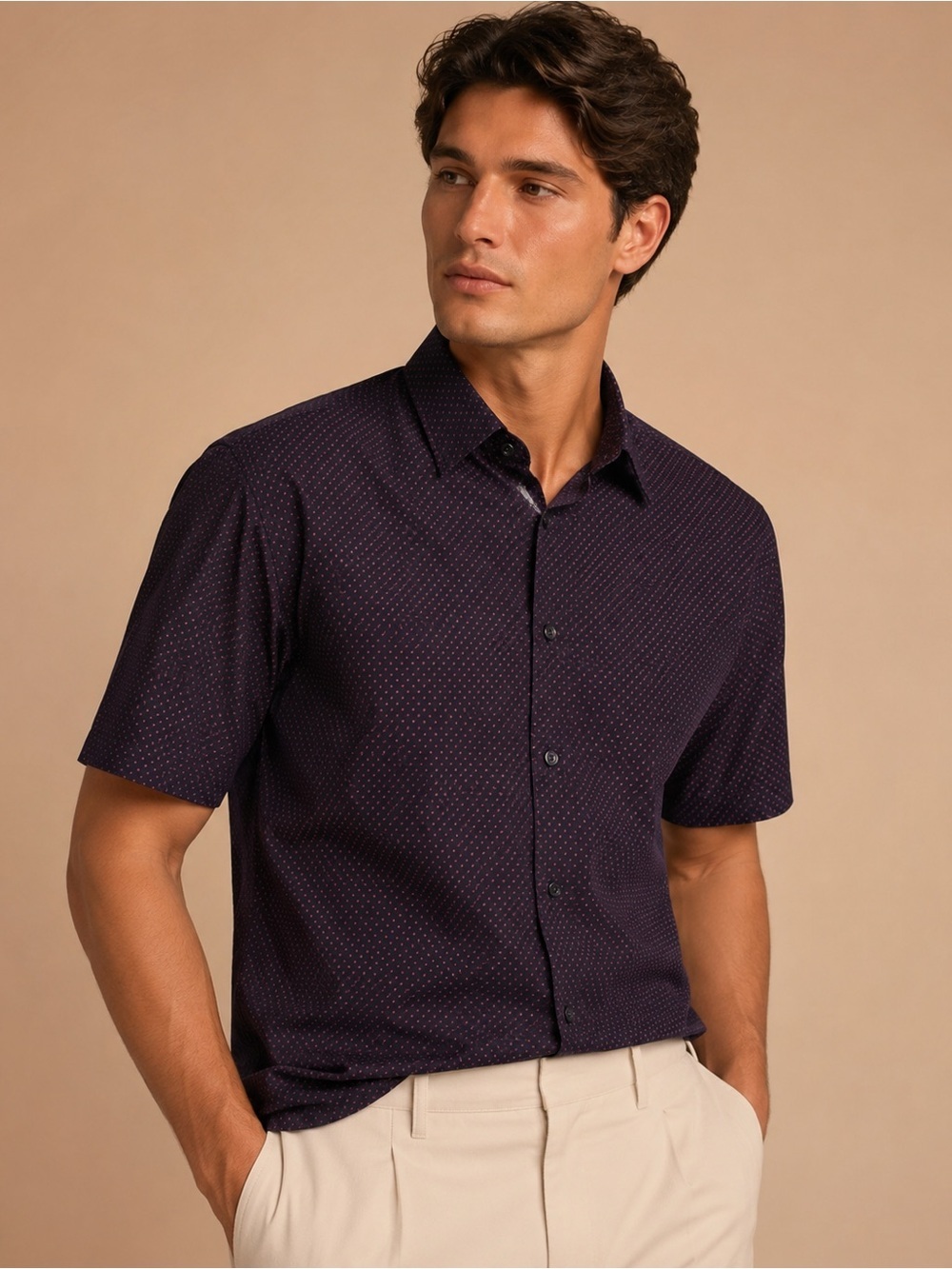 Denim & Flower Navy Short-Sleeve Button-Down with Microdot